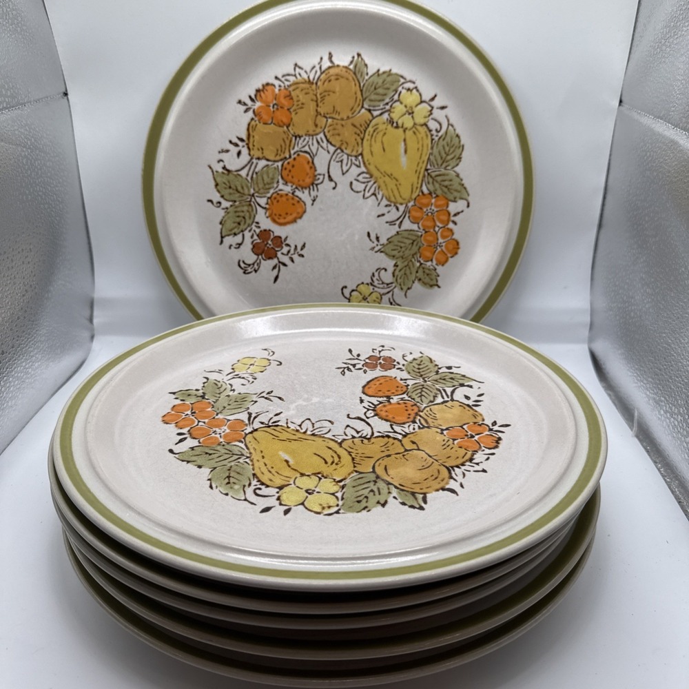 Vtg Harvest Collection Stoneware 'Valley Fruits' Set of 6 Dinner Plates, 10.75"